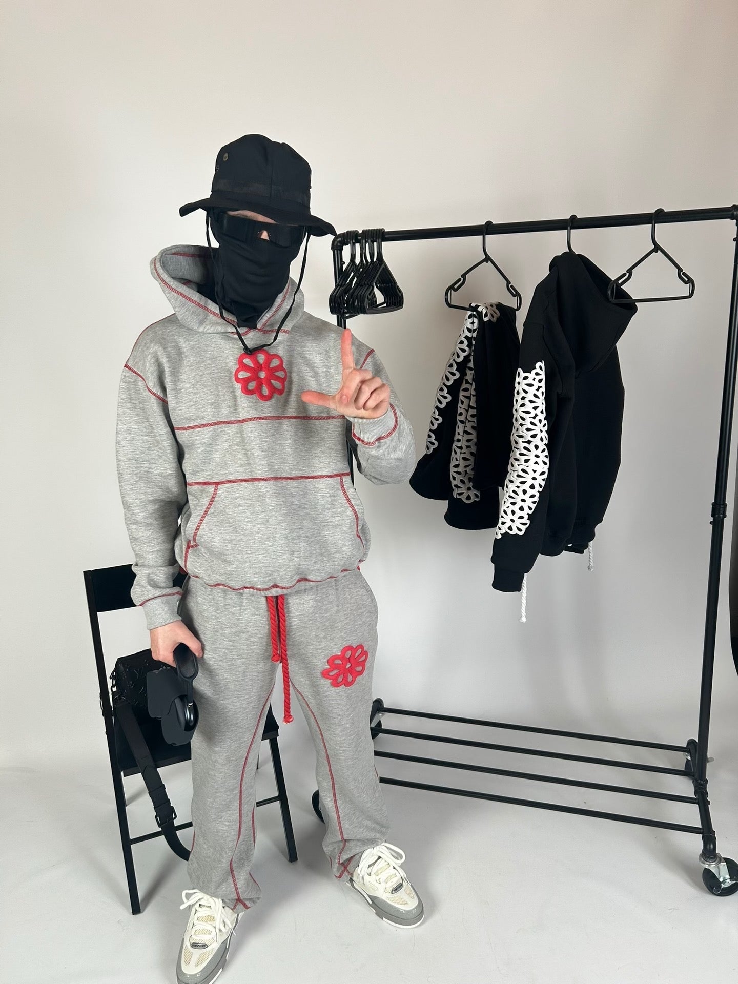 THIRTY3 OVERSTITCHED GREY AND RED TRACKSUIT
